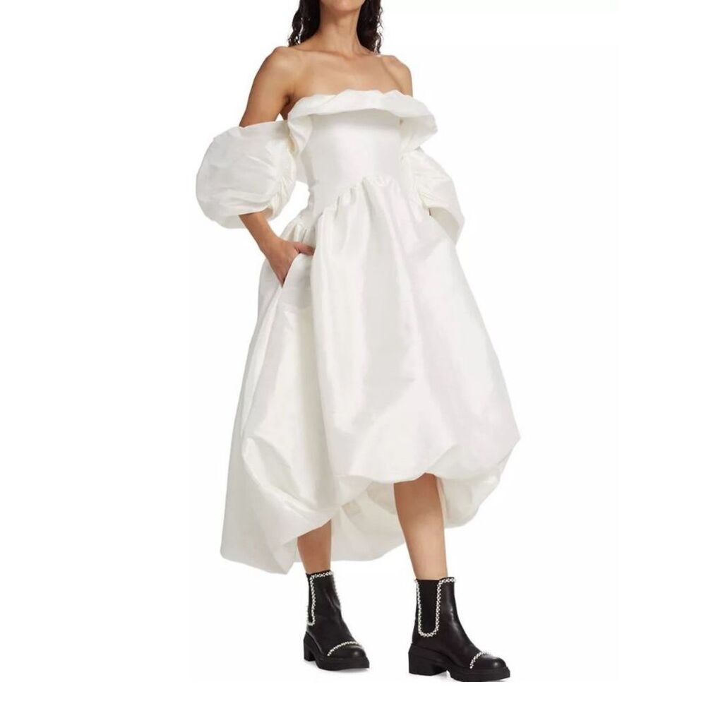 NWOT Kika Vargas Off The Shoulder Bubble Reshma Long Taffeta Dress White Medium